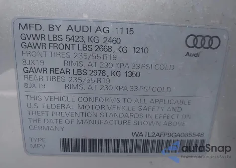 2016 Audi Q5 2.0T Premium из США, поврежденный, VIN WA1L2AFP9GA085548